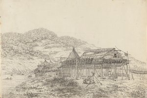 Los balaganes o viviendas de verano, con el método de secado del pescado, en San Pedro y San Pablo, Kamtschatka