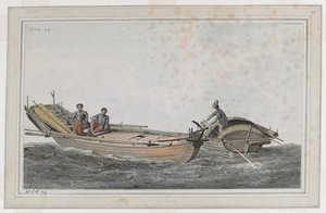 Dos botes pequeños, con tres figuras en uno y dos en el otro. de John Webber