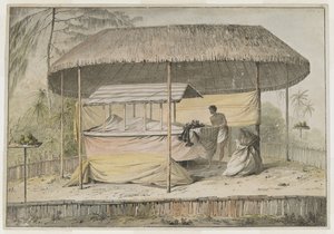 Waheiadooa, jefe de Oheitepeha, yaciendo en estado, grabado por el capitán Cook durante su visita a Tahití el 19 de agosto de 1777. Un escenario funerario sostiene el cadáver amortajado y un acompañante. Están protegidos por un toldo con techo de hierba y  de John Webber