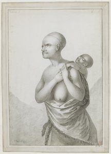 [Dibujo completo] Una mujer de Tasmania lleva un niño a la espalda, con una piel colgada del hombro izquierdo sobre la cintura. Enero de 1777 de John Webber