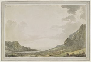 [Dibujo completo.] Vista desde el puerto de Aimeo [bahía de Papetoai] mirando hacia el mar; los mástiles del "Resolution" y del "Discovery" son visibles en la bahía. El capitán Cook visitó Moorea en octubre de 1777