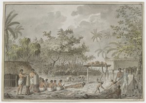 [Sacrificio humano en el gran morai de Attahouroo [Utuaimahurau], Tahití, presenciado por el capitán Cook el 1 de septiembre de 1777. Una figura atada en primer plano, con hombres cavando un hoyo para el cuerpo detrás, y la whatta conteniendo dos perros y  de John Webber