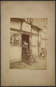 [Hombre sentado bebiendo de una taza en la puerta abierta] de John Whistler