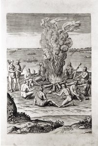 Indios rezando alrededor de un fuego, grabado de 