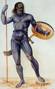 Hombre picta sosteniendo un escudo