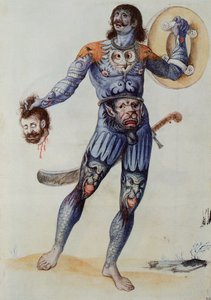 Hombre picta sosteniendo una cabeza humana