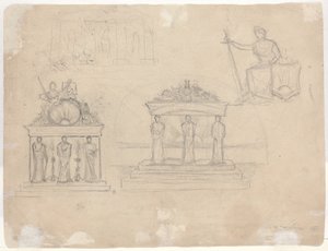 Estudios de fachadas de templos clásicos y figura femenina sentada [verso] de John William Casilear