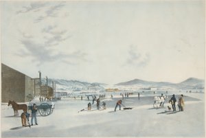 Rockland Lake - Cortando hielo. Vista desde el noreste, pub. 1849 de John William Hill