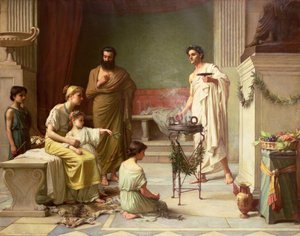 La visita de un niño enfermo al templo de Esculapio, 1877 de John William Waterhouse