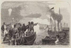 Capitán Hewlett, CB, del HMS Edinburgh, dirigiendo los movimientos de los cañoneros Snapper y Stork a un trespuentes ruso entre Gustafsvern y Bartholomew de John Wilson Carmichael