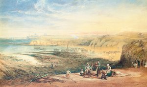 Cullercoats mirando hacia Tynemouth, Northumberland, con pescadores en primer plano, 1836 de John Wilson Carmichael