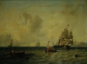 Barcos en una brisa ligera frente a Whitby de John Wilson Carmichael