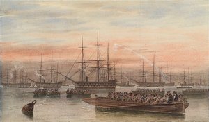La flota del Báltico de noche con barcos en primer plano de John Wilson Carmichael