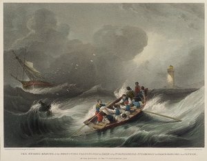 El heroico rescate de los pasajeros y la tripulación del buque de vapor Forfarshire, por Grace Darling y su padre, en la mañana del 7 de septiembre. de John Wilson Carmichael