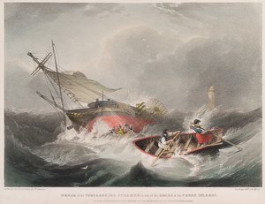 El hundimiento del vapor Forfarshire en las rocas de las islas Farne (Inglaterra), tal como apareció al amanecer del 7 de septiembre.