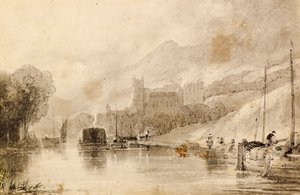 Escena fluvial con barcazas y castillo en ruinas