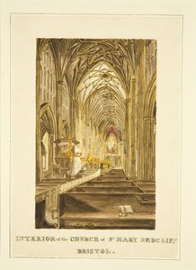 Vista de la nave central de St Mary Redcliffe, mirando al este, mostrando el retablo de Hogarth, c.1824 de John Withers