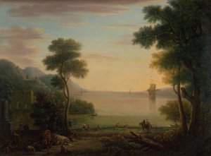 Paisaje clásico con figuras y animales: Puesta de sol de John Wootton