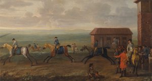 Lord Portmore observa a los caballos de carreras en ejercicio en Newmarket Heath