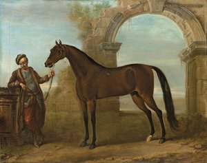 El árabe Godolphin, sostenido por un mozo, en un paisaje con un arco en ruinas, 1731 de John Wootton