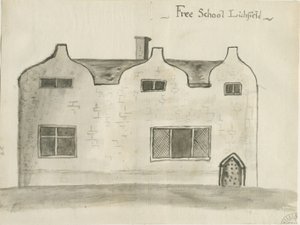Lichfield - Escuela de Gramática: dibujo en sepia, nd [1784]