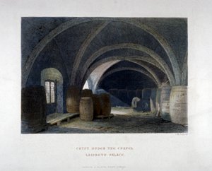 Cripta llena de barriles bajo la capilla en el Palacio de Lambeth, Londres, 1851 de John Wykeham Archer