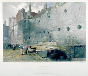 Vista de Tower Postern y London Wall con hombres cavando, Ciudad de Londres de John Wykeham Archer