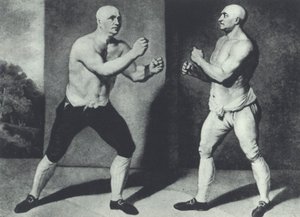 Primeros boxeadores británicos a puño limpio, John Broughton (izquierda) y George Stevenson pelean en 1741: Broughton inventó el guante de boxeo