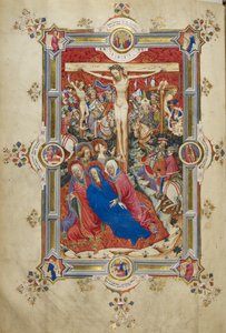 La Crucifixión, introducción al Canon de la Misa. Cristo en la cruz, flanqueado por ladrones, Virgen desmayada sostenida por mujeres y San Juan, Magdalena al pie de la cruz. Multitud de espectadores a caballo vestidos con trajes de la época, entre ellos Lo de John and Siferwas John (fl. 1380–1421 Whas