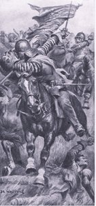 Teniente John Smith recuperando el estandarte del rey en Edgehill, 23 de octubre de 1642, ilustración de British Battles on Land and Sea, 1915 de John de Walton