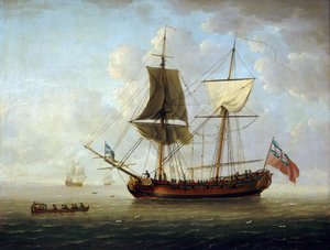 Un bergantín británico, con la bandera roja y la Union Jack, mar adentro en un mar en calma. Óleo sobre lienzo