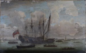 Un casco flotante reparando un East Indiaman