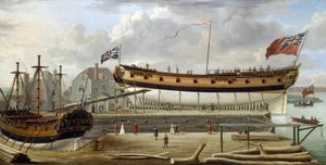 Un buque de sexta clase (sixth rate), buque de guerra de la Marina Real Británica, en dique seco, el astillero es probablemente el de Rotherhite, en la orilla sur del Támesis (Inglaterra)