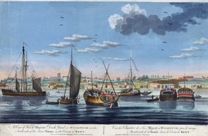 Vista de los muelles reales de Woolwich, en la orilla izquierda del Támesis (Inglaterra), en el condado de Kent. Aguafuerte en colores de John Clevely el Joven (1747-1786) de John the Younger Cleveley