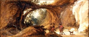Un paisaje rocoso con deportistas en un camino de Joos de (follower of) Momper