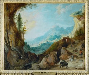 Un paisaje montañoso con un puente y cuatro jinetes ... de Joos de (follower of) Momper