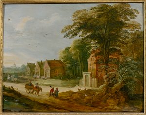 Viajeros pasando por un pueblo (óleo sobre tabla)