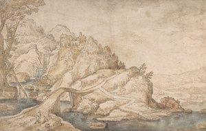 Paisaje montañoso con río, puente y casas con dos figuras a la izquierda de Joos de Momper the Younger.