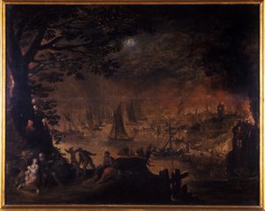 Ciudad en llamas junto al mar de Joos or Josse de Momper