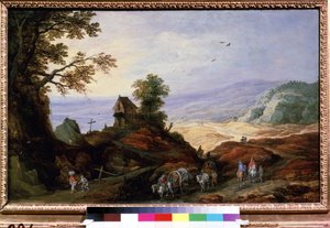 Paisaje con una capilla en una colina. Campesinos con arados caminan por los caminos. Pintura de Joos de Momper Le Jeune (1564-1635), hacia 1608-1610. arte flamenco. Óleo sobre madera. Museo Pushki de Bellas Artes de Joos or Josse de The Younger Momper