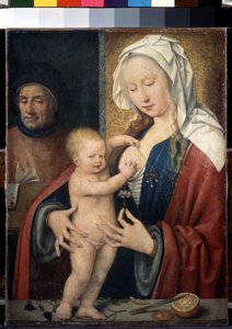 ""La Sagrada Familia"" (La Sagrada Familia) El niño Jesús juega con el pecho de su madre. Pintura de Joos van Cleve (Cleef) (circa 1485-1540) Siglo XVI Dim. 42,5x31,5 cm San Petersburgo. Museo del Hermitage de Joos van Cleve
