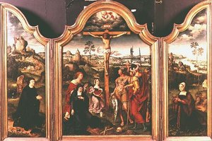 Tríptico: Crucifixión flanqueada por donantes arrodillados de Joos van Cleve