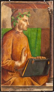Efigie de Dante Alighieri (1265-1321), poeta, escritor italiano, autor de la Divina Comedia, tocado de liripión - Pintura de Juste de Gante (Joos van Wassenhove) (hacia 1435-alrededor de 1475) y Pedro Berruguete (hacia 1450-antes de 1504), parte de un conj