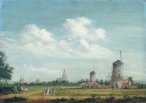 Vista de Arnhem con la iglesia de San Walburgskerk a la izquierda y la Grote Kerk a la derecha, elegantes ciudadanos paseando cerca, 1776 de Jordanus Hoorn