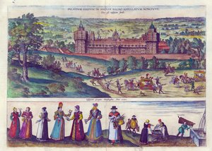 Llegada de la Reina Isabel I al Palacio de Nonesuch y hombres y mujeres de la sociedad Tudor, 1598 de Joris Hoefnagel