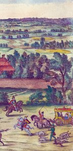 Cortesanos y perros de caza acompañando la llegada de la Reina Isabel I al Palacio de Nonsuch, 1598 (detalle) de Joris Hoefnagel