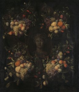 Cabeza esculpida simulada de una mujer en una cartela decorada con hileras de frutas de Joris van Son