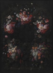Cartucho de piedra con guirnalda de frutas y flores