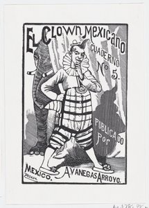 Un payaso de pie con una mano en la cadera y un elefante asomando por detrás..., ca. 1880-1910 de José Guadalupe Posada