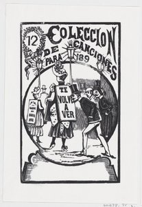 Un hombre agachado para mirar a una mujer con un cartel en la espalda, ilustración para, ca. 1890 de José Guadalupe Posada